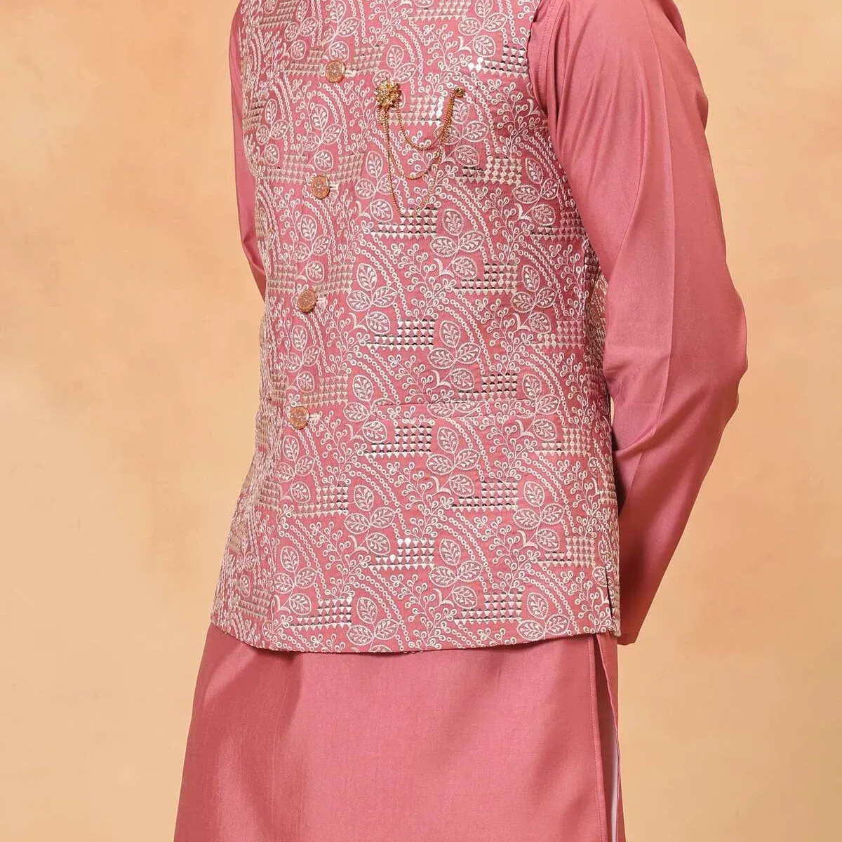 Dark Pink Embroidered Koti Kurta Set for Men, photo 3 of 4