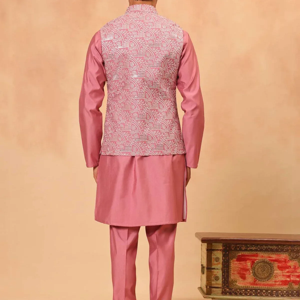 Dark Pink Embroidered Koti Kurta Set for Men, photo 4 of 4