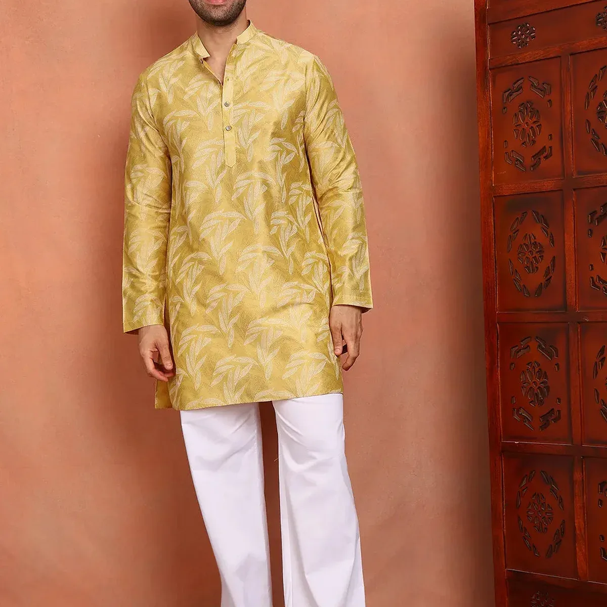 Men Mustard Cotton Silk Straight Kurta, photo 1 of 4