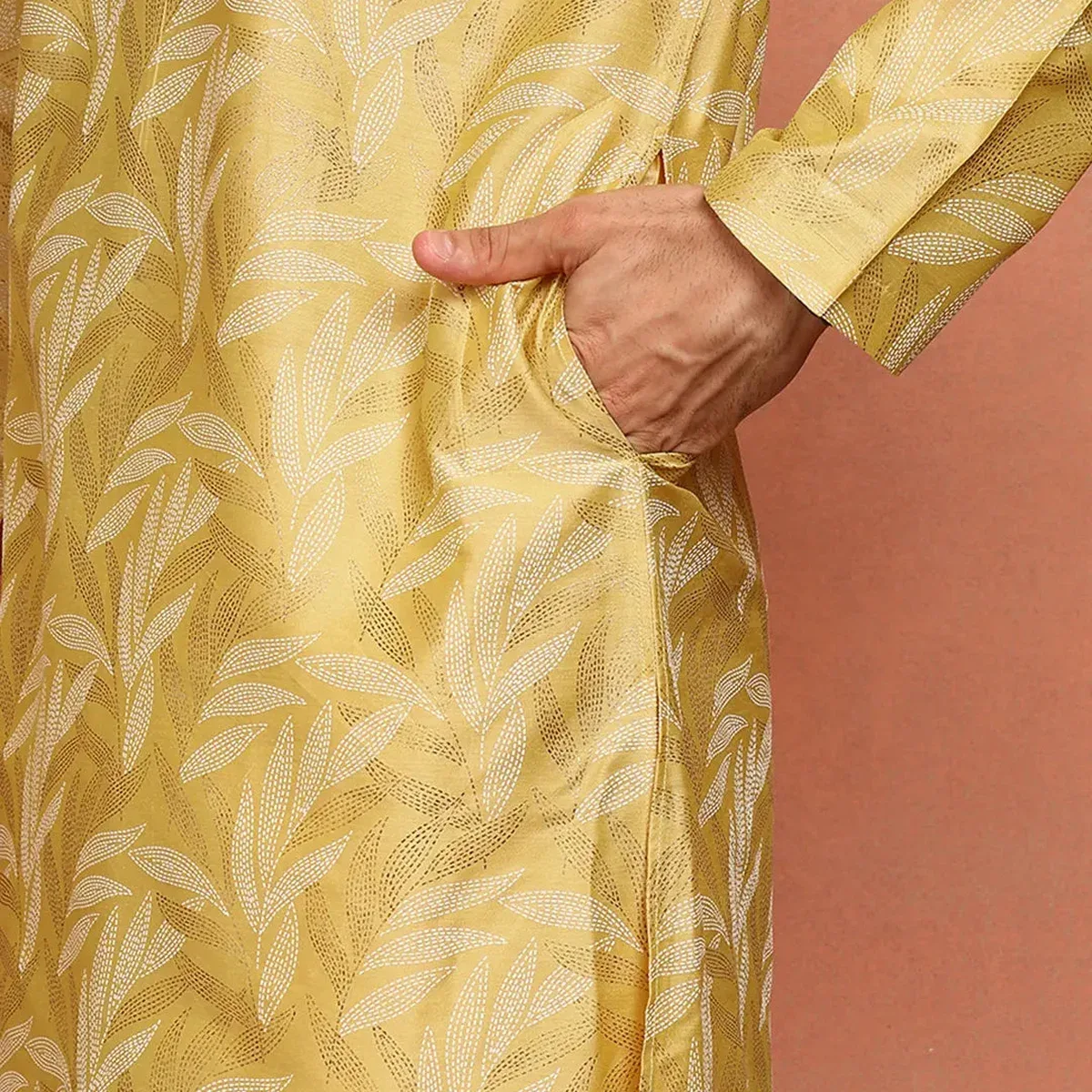 Men Mustard Cotton Silk Straight Kurta, photo 3 of 4