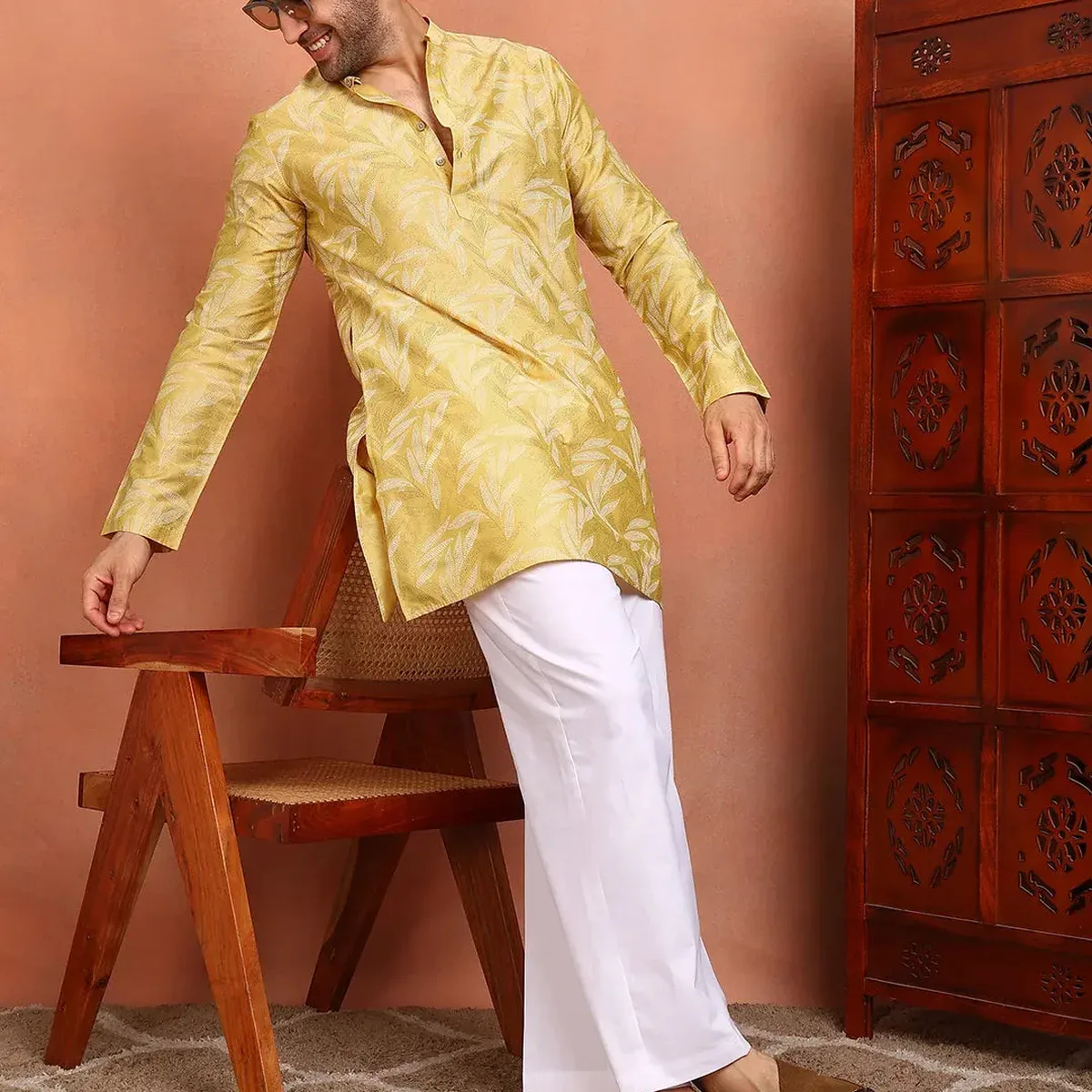 Men Mustard Cotton Silk Straight Kurta, photo 4 of 4
