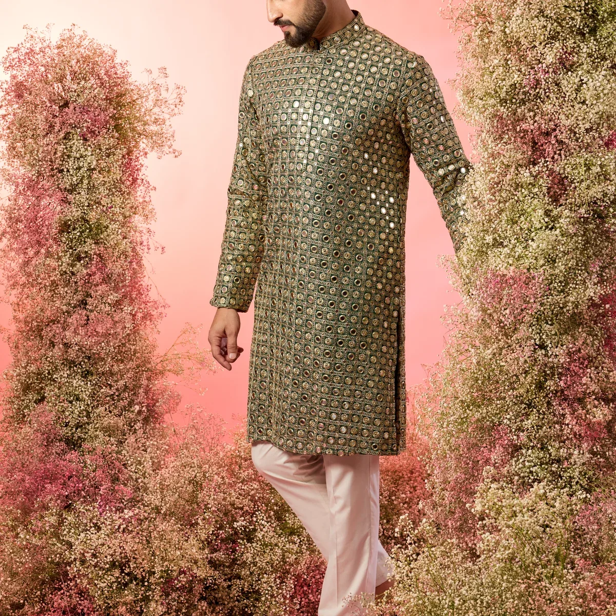 signature bottle green mirror work kurta with heavy zari work, photo 1 of 4