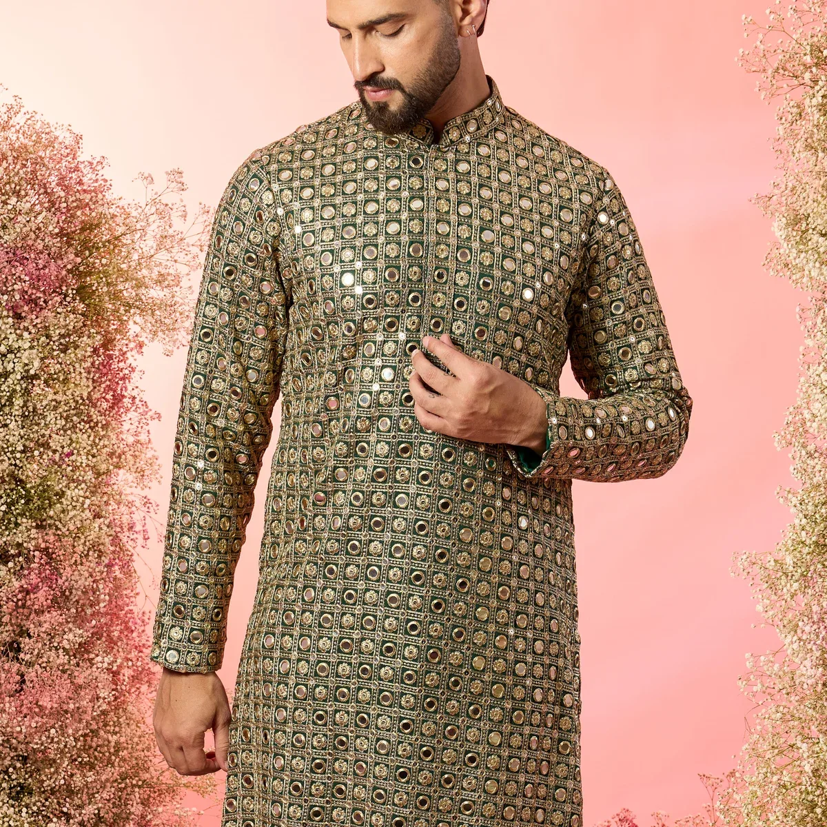 signature bottle green mirror work kurta with heavy zari work, photo 2 of 4