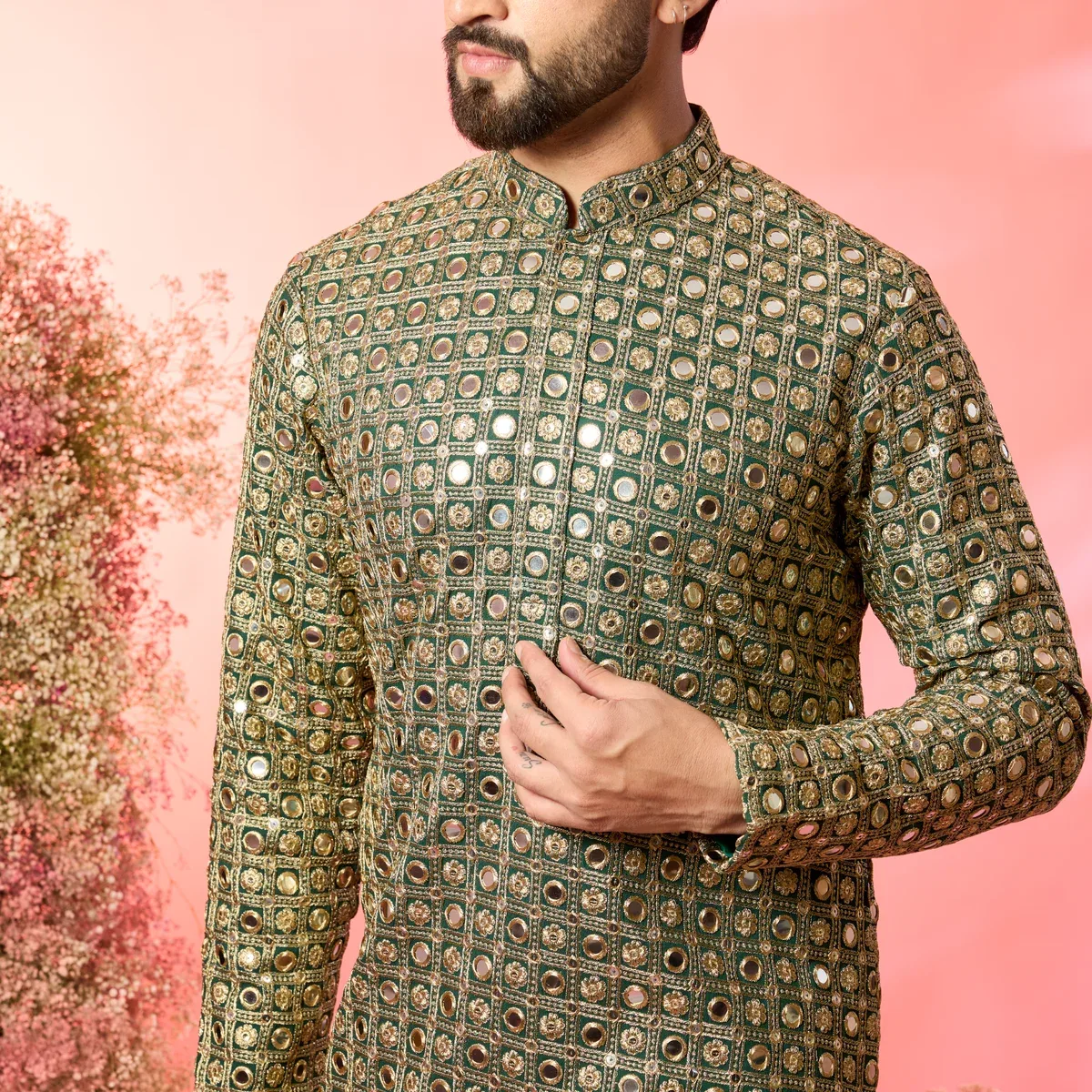 signature bottle green mirror work kurta with heavy zari work, photo 4 of 4