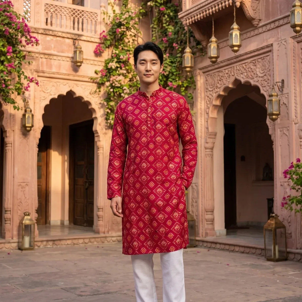 Men's Red Ethnic Motif Printed Viscose Rayon Kurta, photo 1 of 4