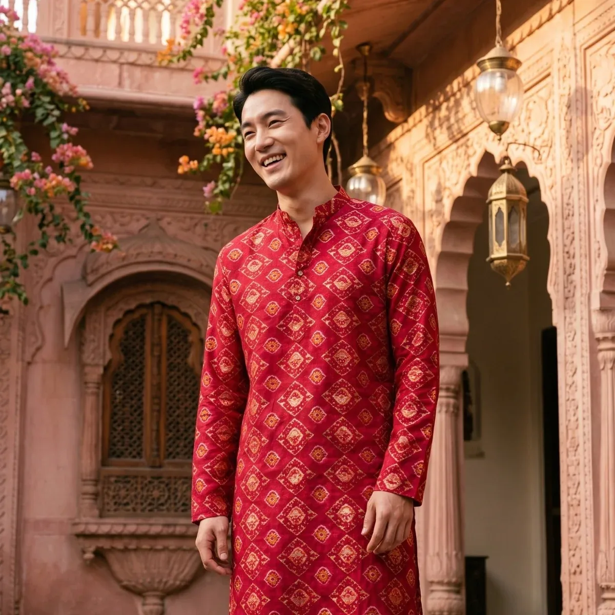 Men's Red Ethnic Motif Printed Viscose Rayon Kurta, photo 3 of 4
