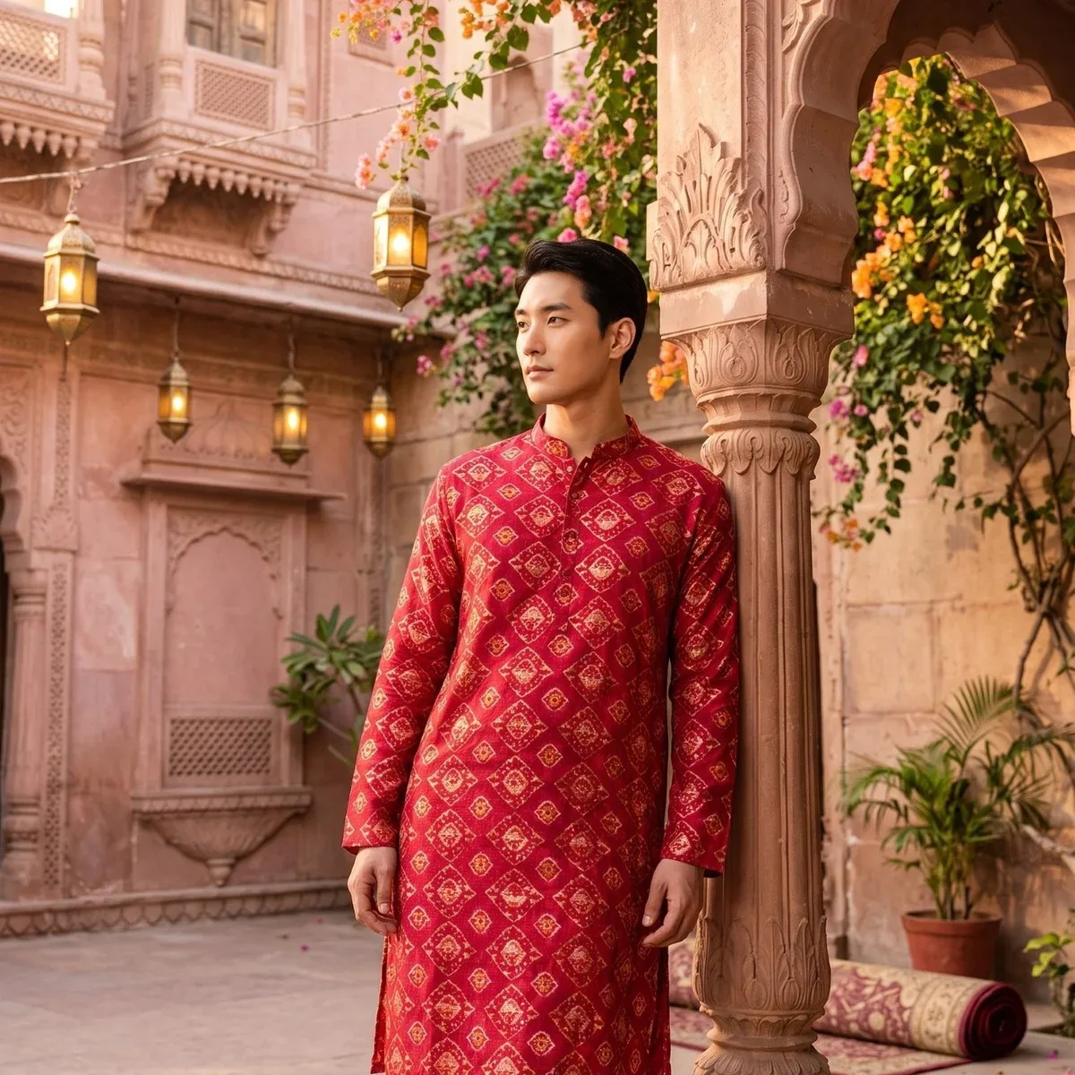 Men's Red Ethnic Motif Printed Viscose Rayon Kurta, photo 4 of 4