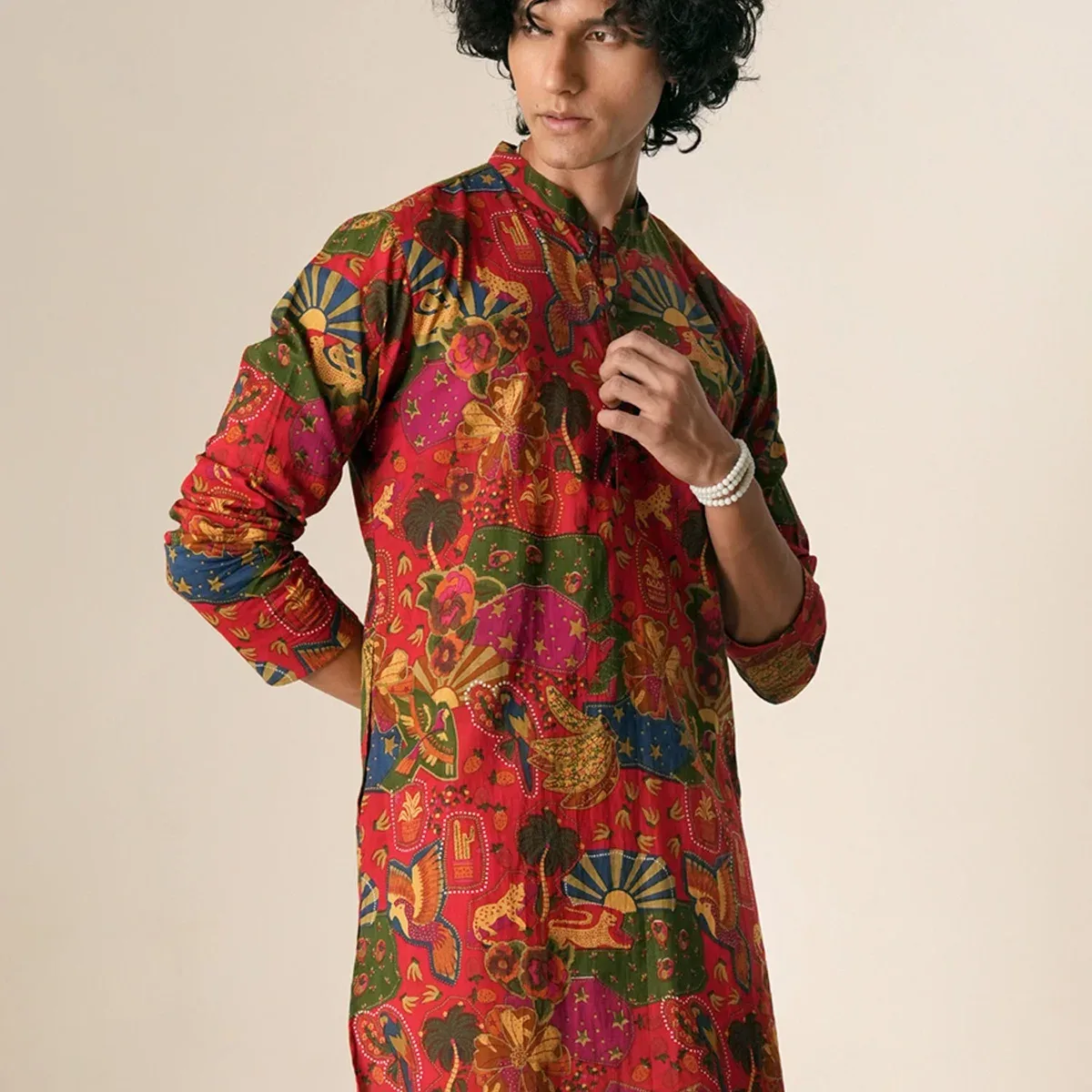 Mens Multicolor Cotton Print Mid Kurta, photo 1 of 4