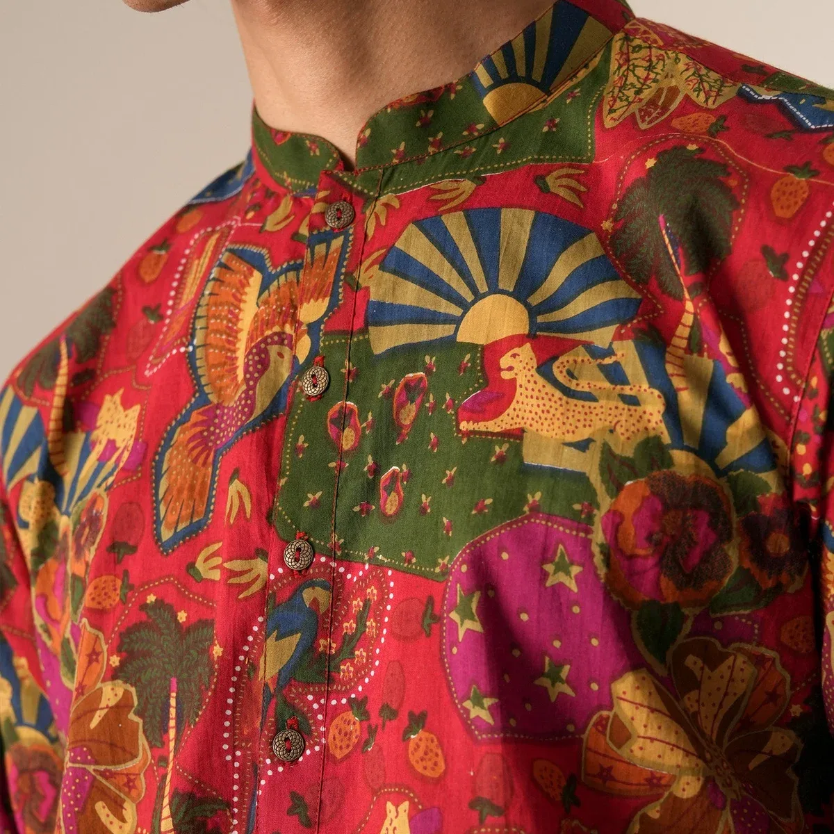 Mens Multicolor Cotton Print Mid Kurta, photo 3 of 4