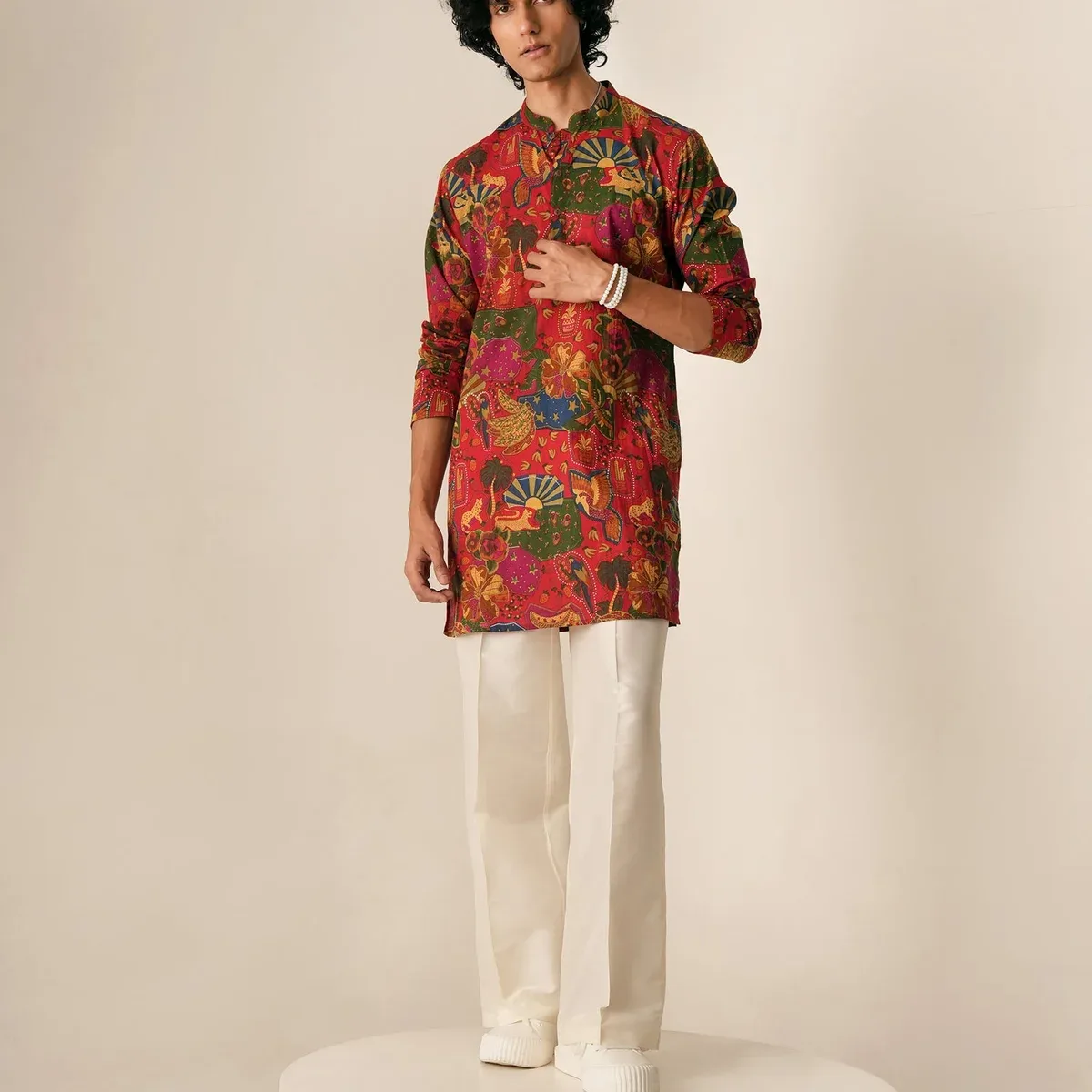 Mens Multicolor Cotton Print Mid Kurta, photo 4 of 4