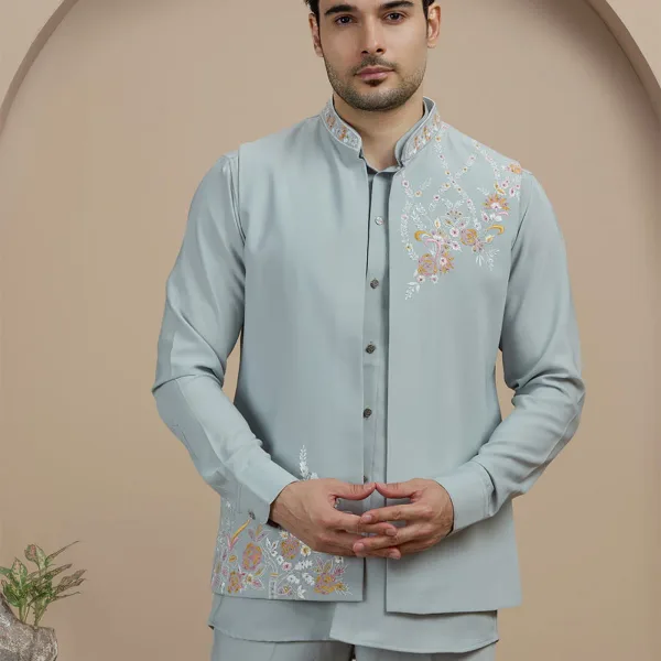Grey Embroidered Kurta Pajama with Koti | Virasana