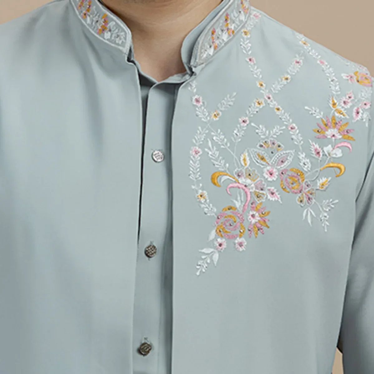 Grey Embroidered Kurta Pajama with Koti | Virasana, photo 2 of 4