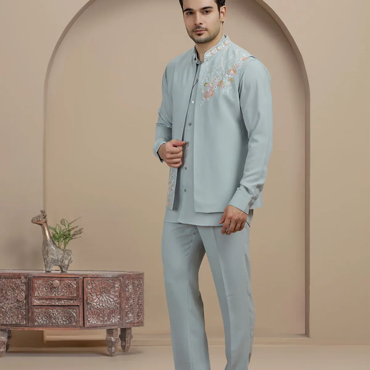 Grey Embroidered Kurta Pajama with Koti | Virasana, photo 4 of 4