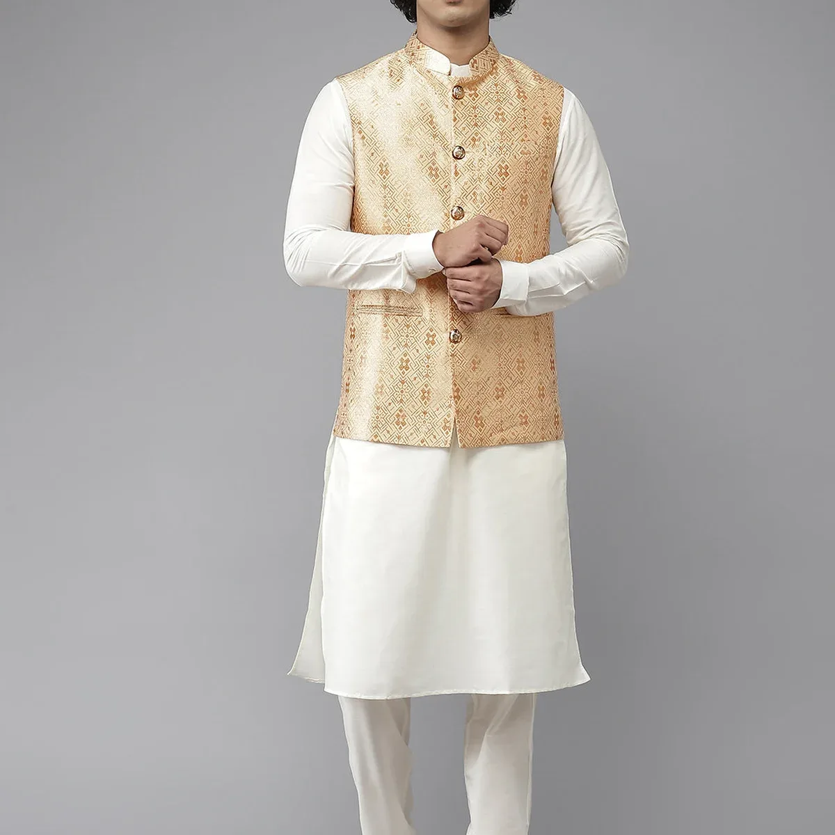 Woven Jacquard Gold Nehru Jacket, photo 1 of 4