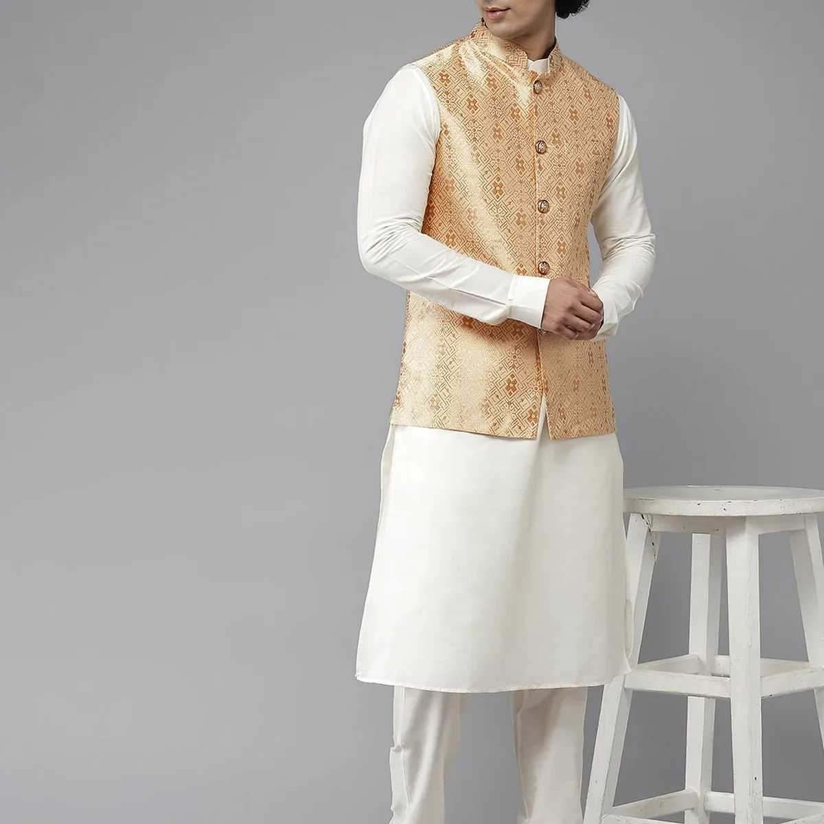 Woven Jacquard Gold Nehru Jacket, photo 4 of 4