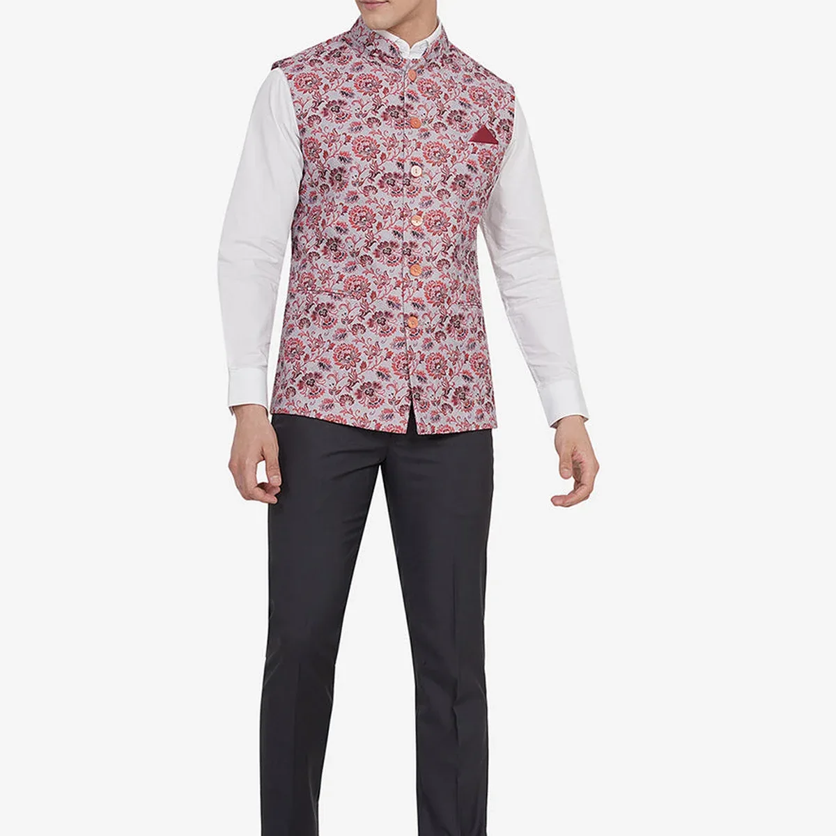 Grey & Red Printed Regular Fit Bandhgala Jacket | JB Studio, photo 1 of 4