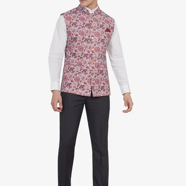 Grey & Red Printed Regular Fit Bandhgala Jacket | JB Studio