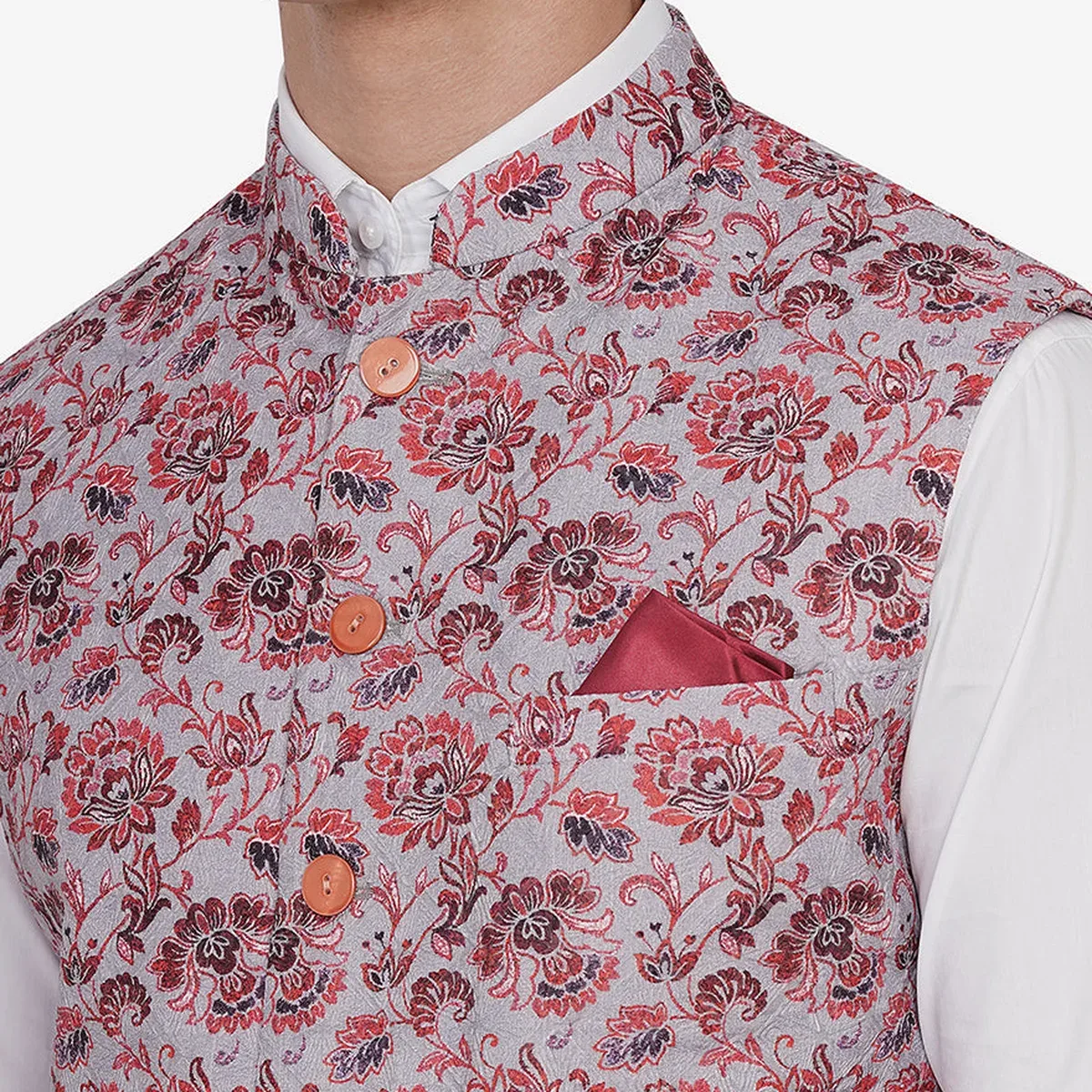 Grey & Red Printed Regular Fit Bandhgala Jacket | JB Studio, photo 2 of 4