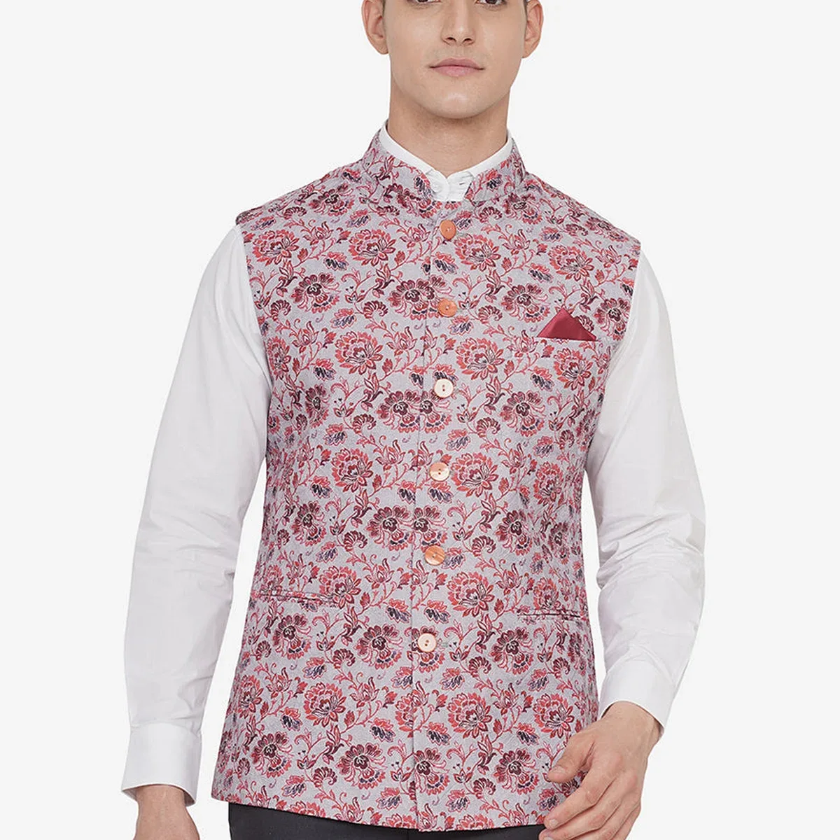 Grey & Red Printed Regular Fit Bandhgala Jacket | JB Studio, photo 4 of 4