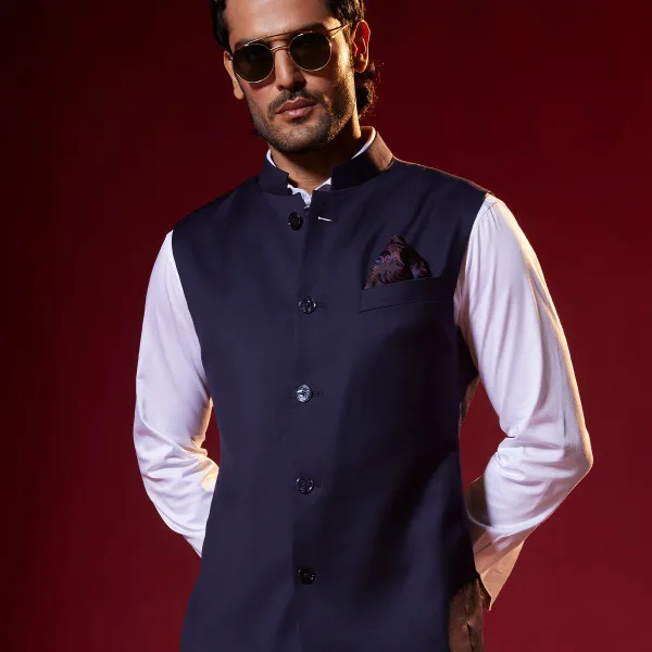 Sapphire Crest Wool Nehru Jacket - Navy