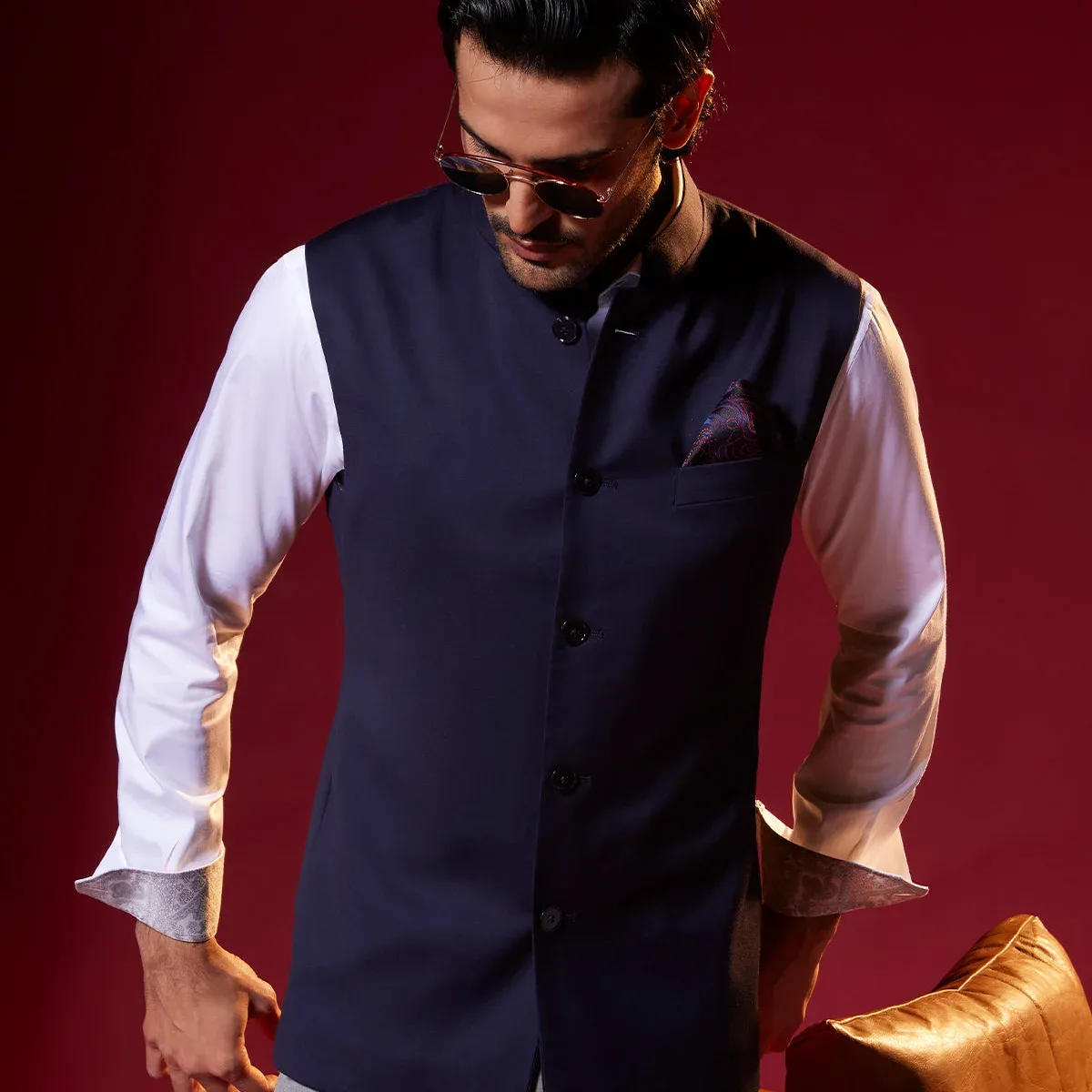 Sapphire Crest Wool Nehru Jacket - Navy, photo 3 of 4