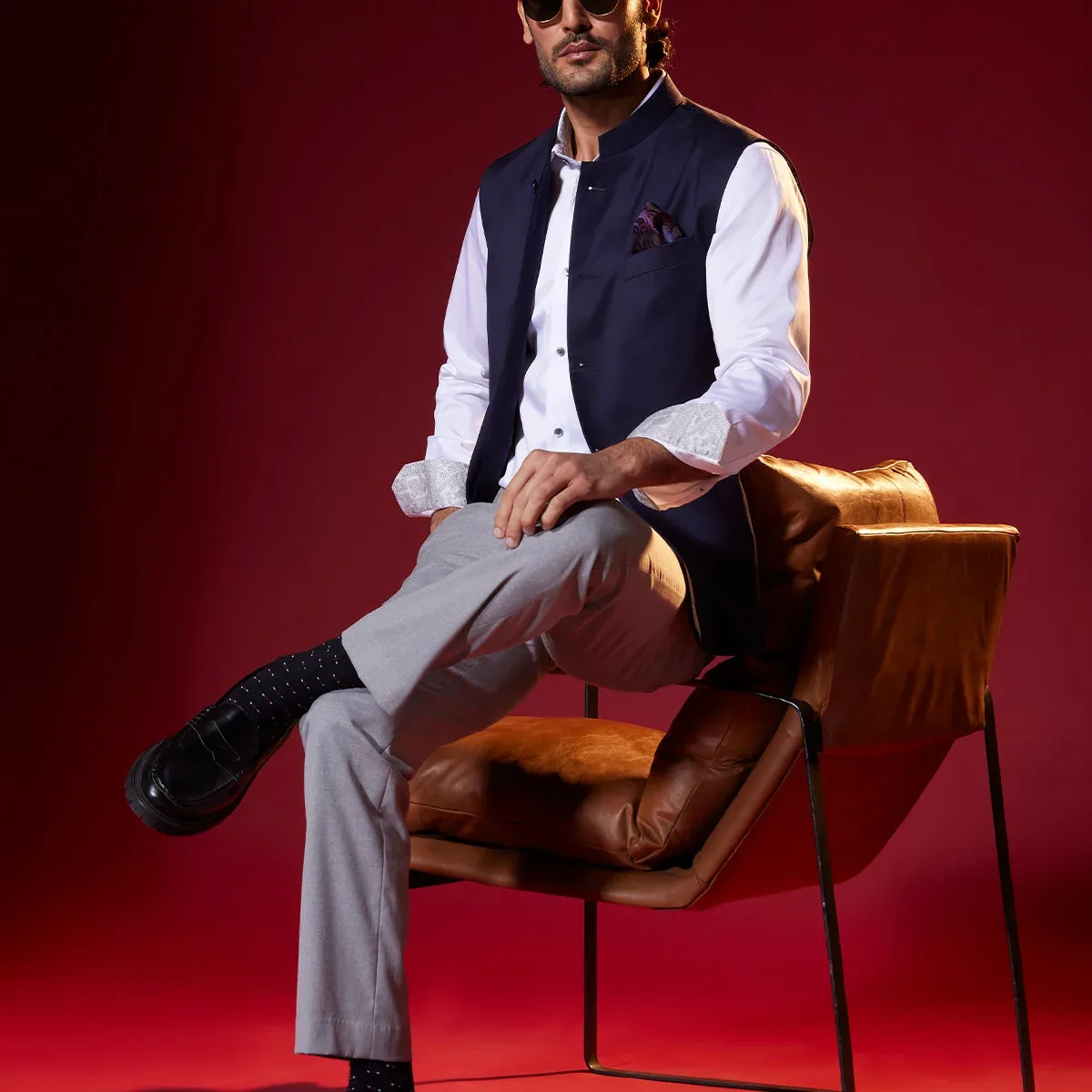 Sapphire Crest Wool Nehru Jacket - Navy, photo 4 of 4