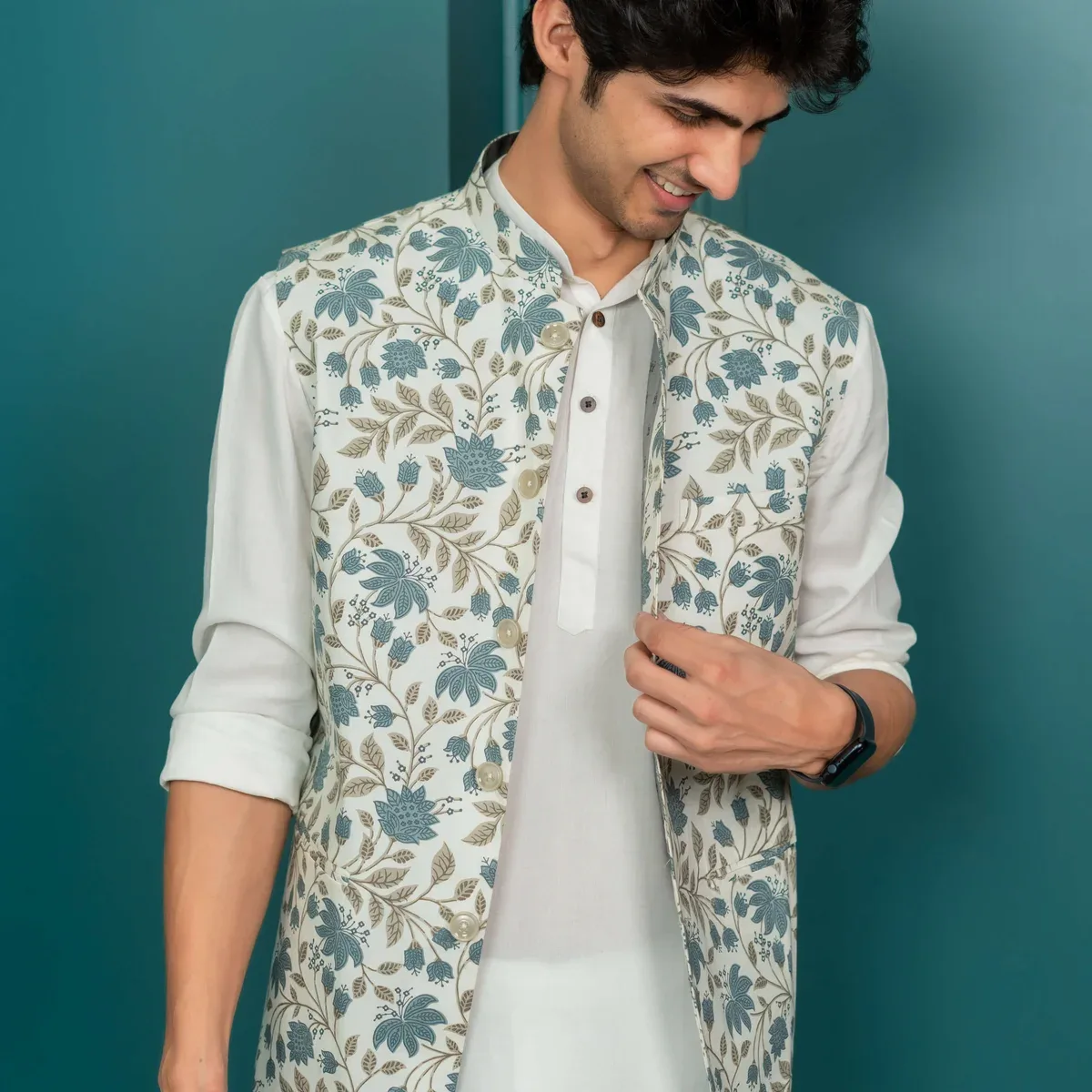 The White Nehru Jacket With All-Over Floral Print, photo 1 of 4