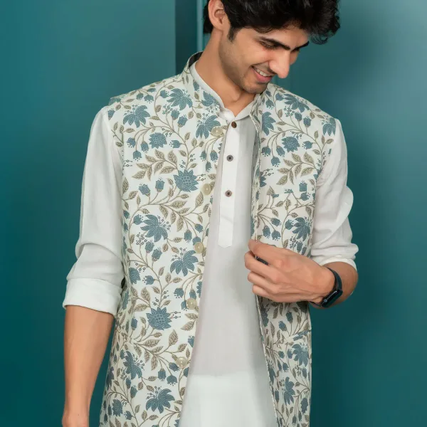 The White Nehru Jacket With All-Over Floral Print