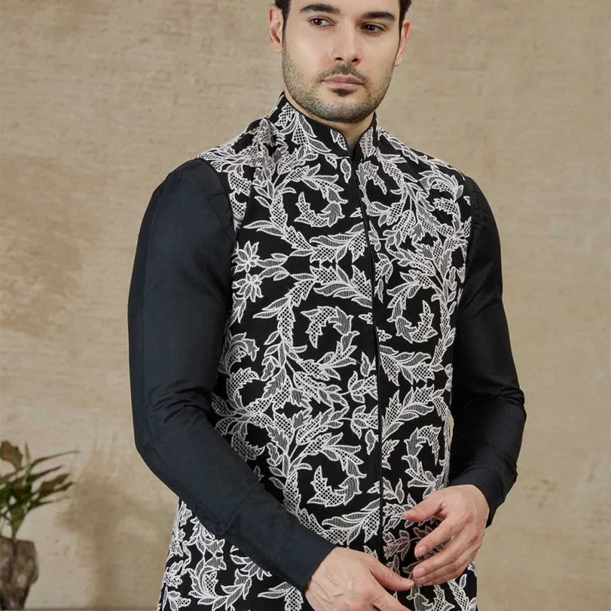 Black Embroidered Kurta Pajama with Koti | TULA, photo 1 of 4