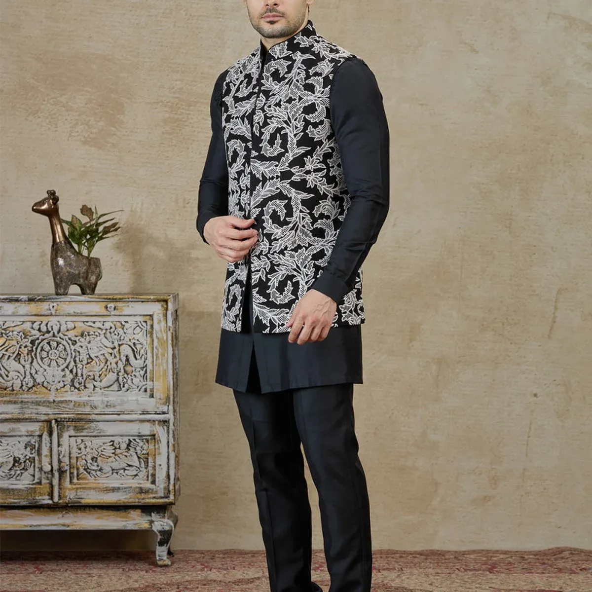 Black Embroidered Kurta Pajama with Koti | TULA, photo 4 of 4