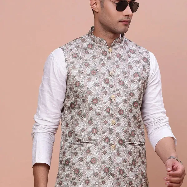 Men's Brown Woven-Design Slim-Fit Nehru Jacket
