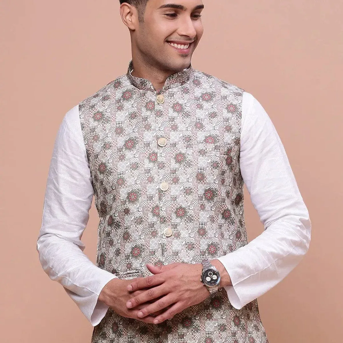 Men's Brown Woven-Design Slim-Fit Nehru Jacket, photo 2 of 4
