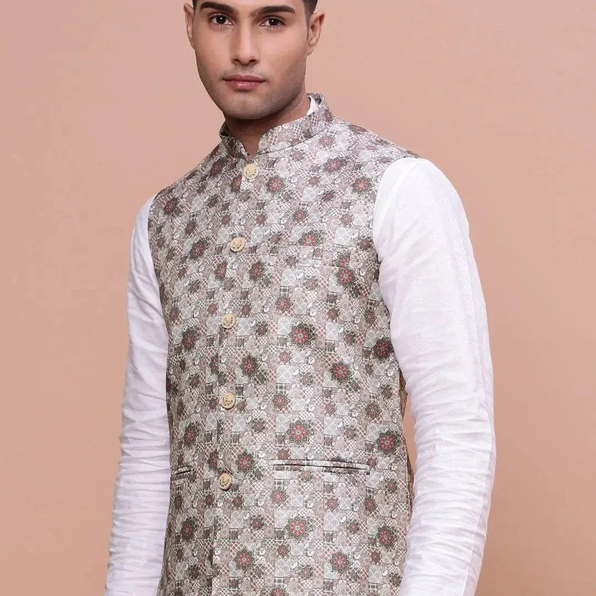 Men's Brown Woven-Design Slim-Fit Nehru Jacket, photo 3 of 4