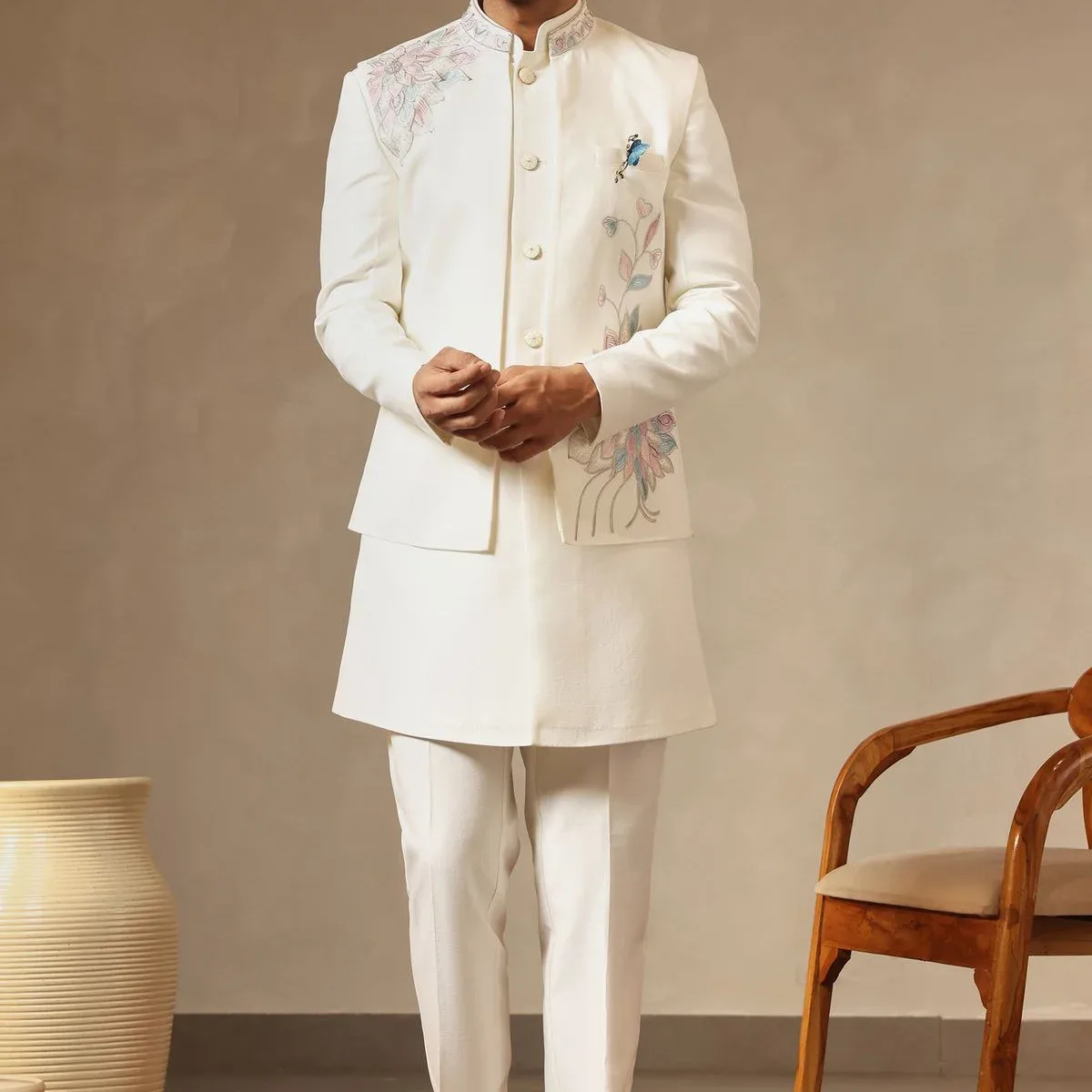 Ivory Floral Embroidered Nehru Jacket Set for Men, photo 1 of 4