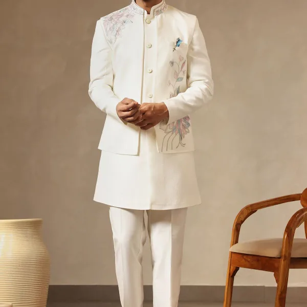 Ivory Floral Embroidered Nehru Jacket Set for Men