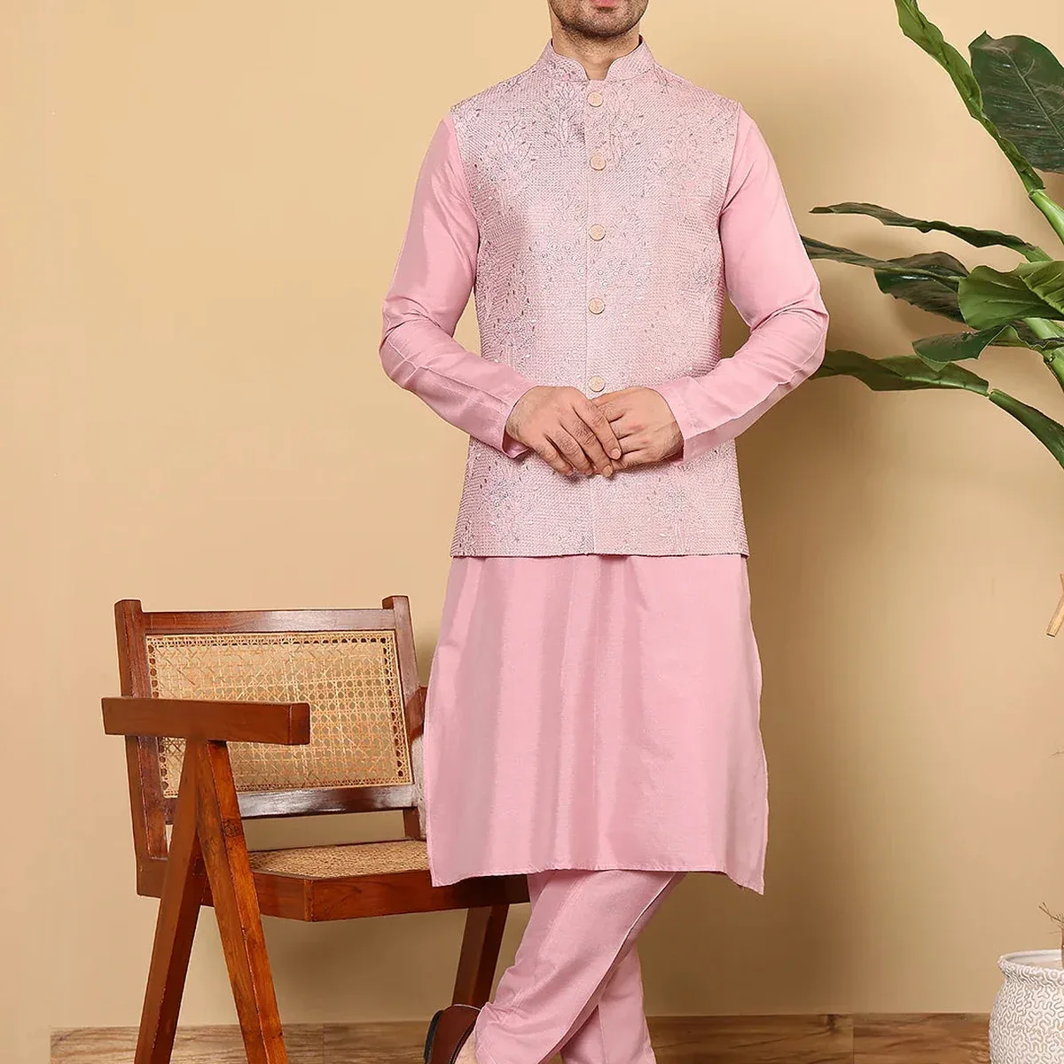 Men's Full Sleeve Pink Kurta Pyjama & Pink Embroidered Nehru Jacket, photo 1 of 4