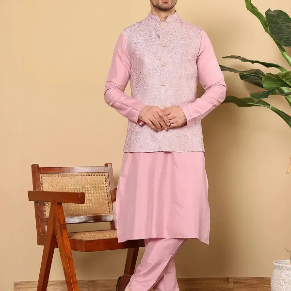 Men's Full Sleeve Pink Kurta Pyjama & Pink Embroidered Nehru Jacket