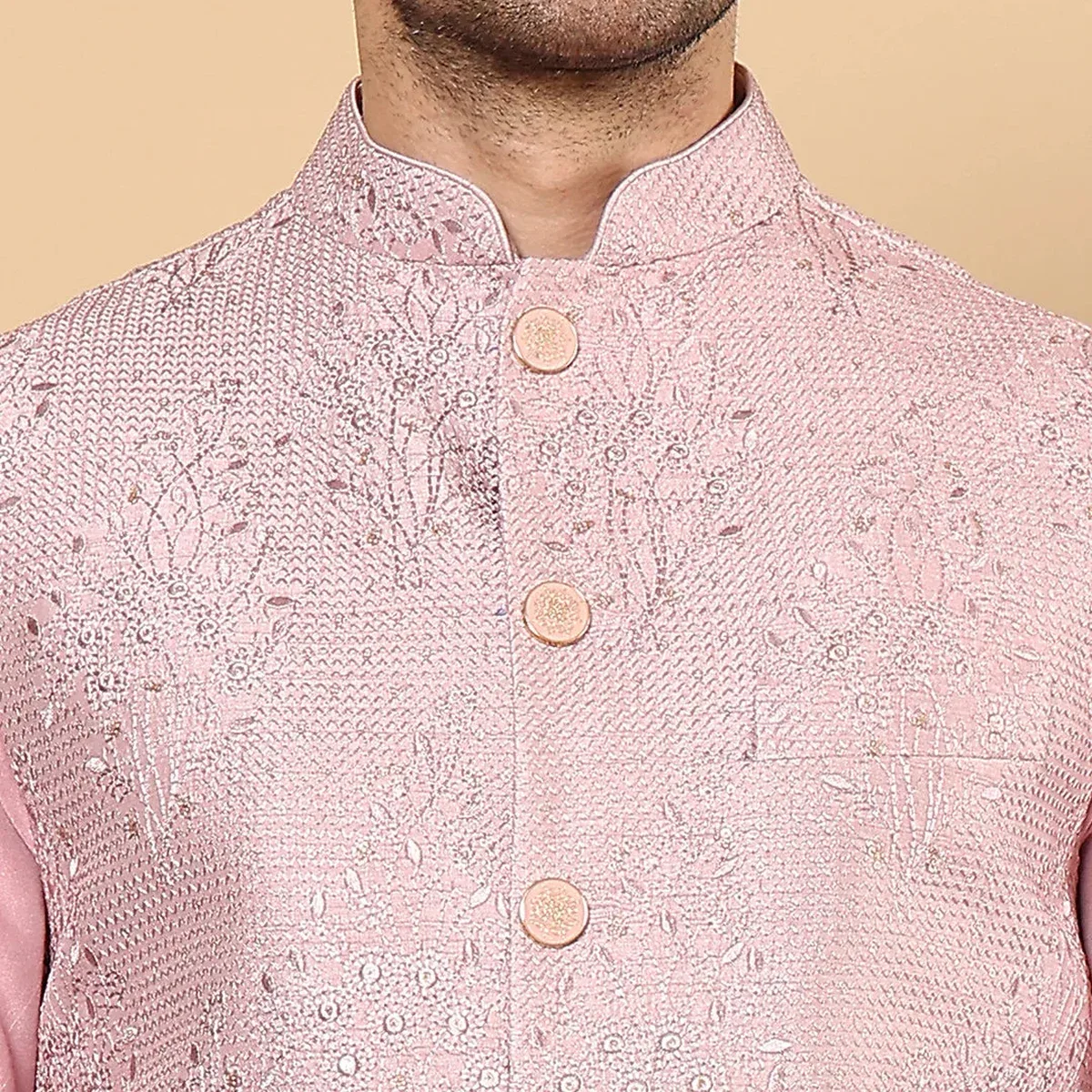 Men's Full Sleeve Pink Kurta Pyjama & Pink Embroidered Nehru Jacket, photo 2 of 4