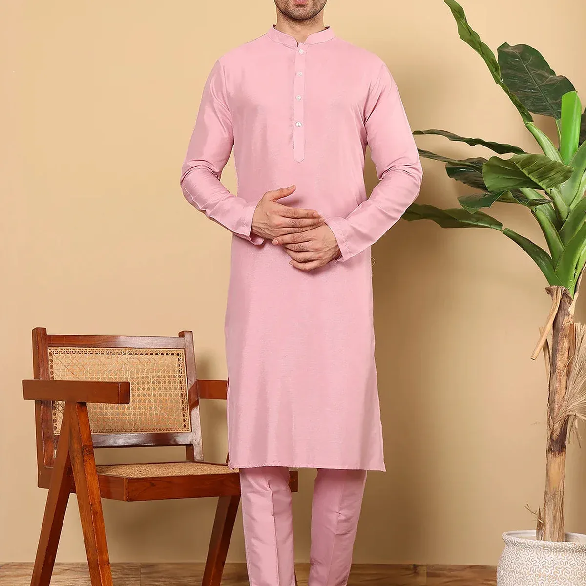 Men's Full Sleeve Pink Kurta Pyjama & Pink Embroidered Nehru Jacket, photo 3 of 4