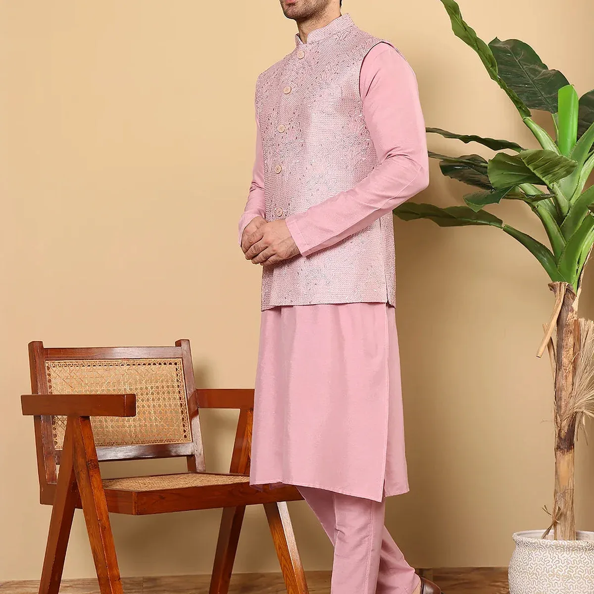 Men's Full Sleeve Pink Kurta Pyjama & Pink Embroidered Nehru Jacket, photo 4 of 4