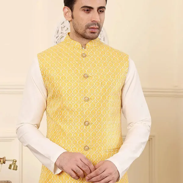Men's Woven Design Yellow Embroidered Nehru Jacket