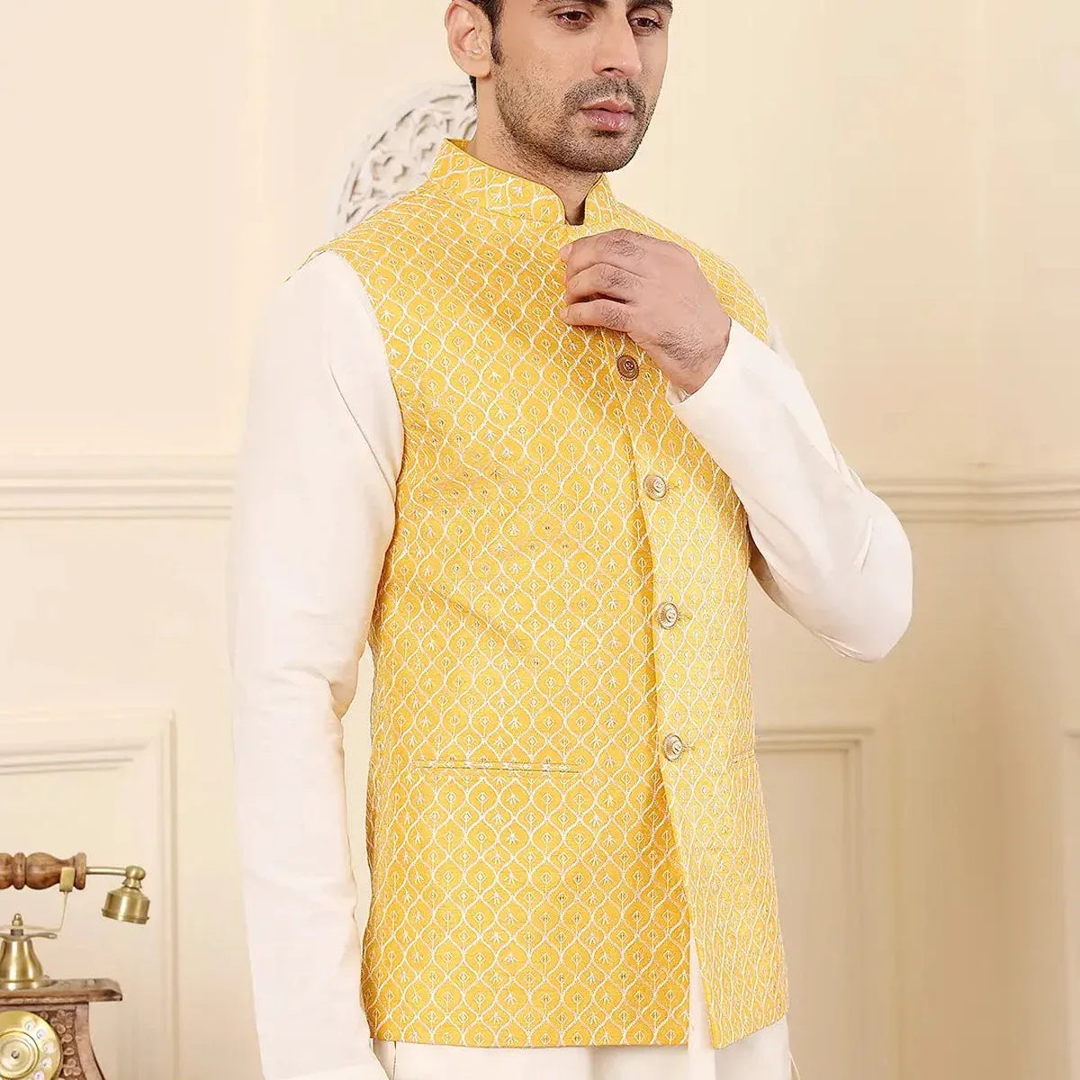 Men's Woven Design Yellow Embroidered Nehru Jacket, photo 2 of 4
