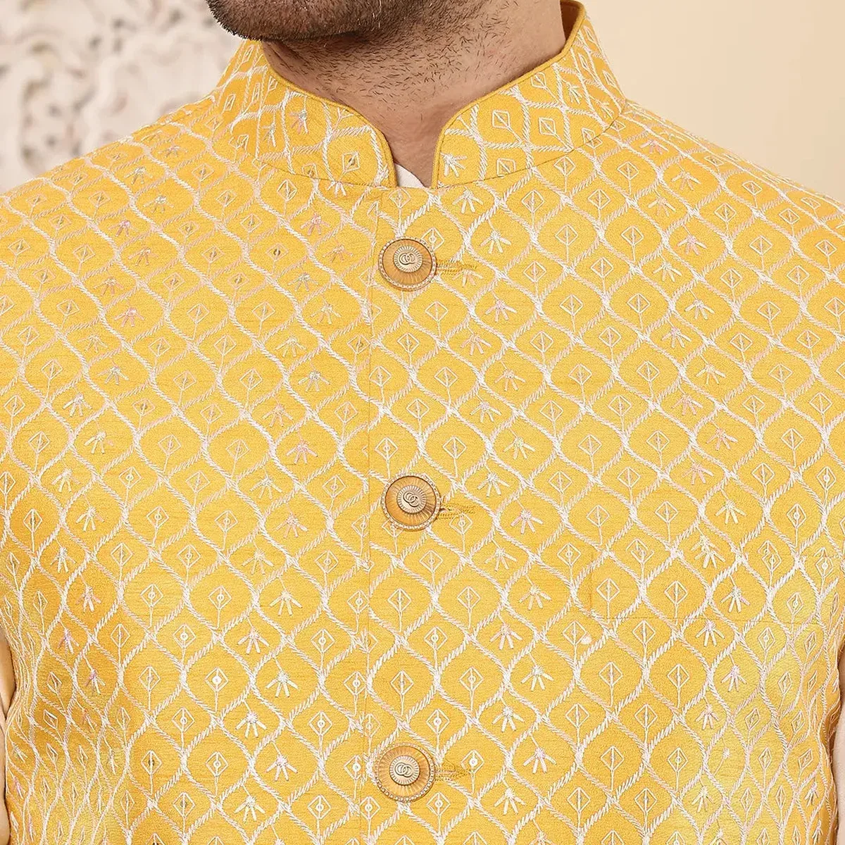 Men's Woven Design Yellow Embroidered Nehru Jacket, photo 3 of 4
