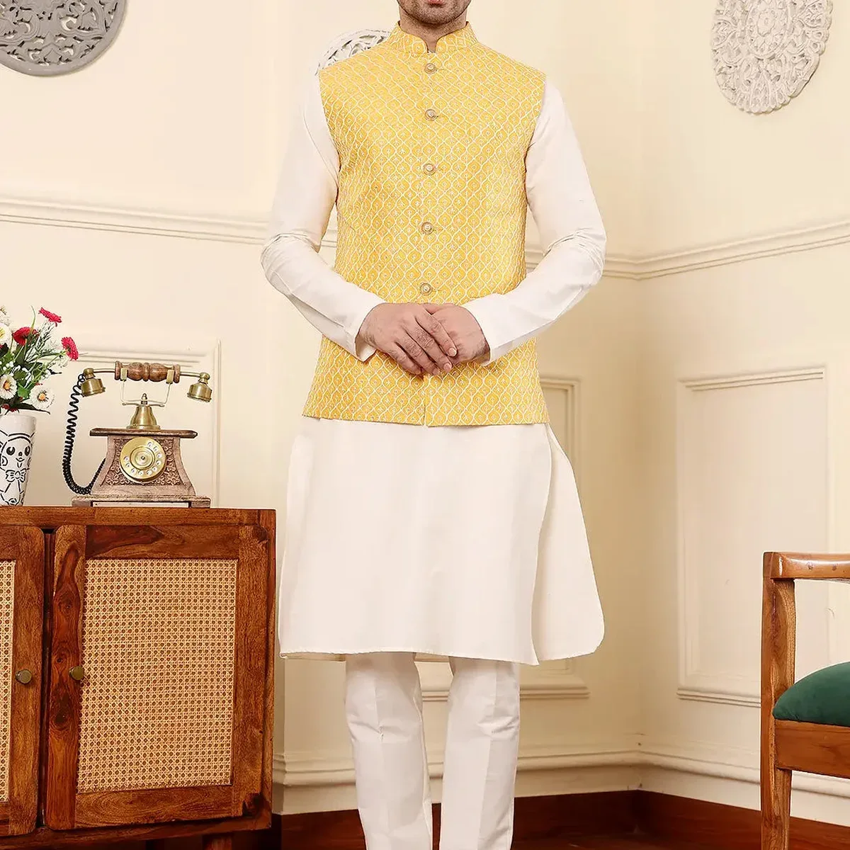 Men's Woven Design Yellow Embroidered Nehru Jacket, photo 4 of 4