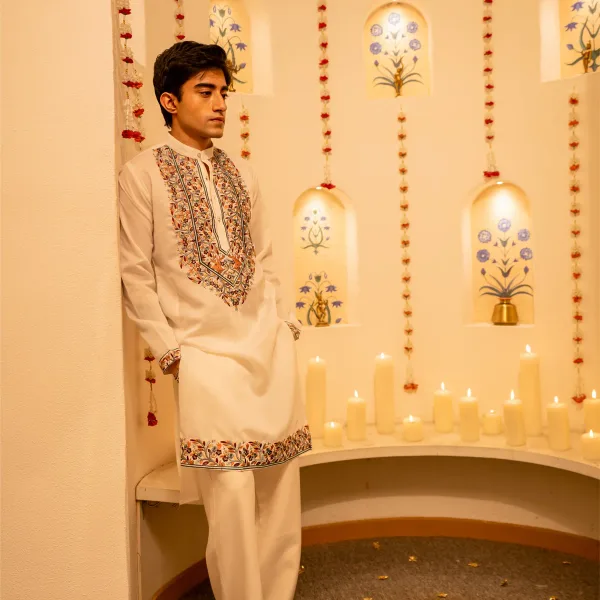 Floral Neckline Thread work and Sequence Embroidery Men's Kurta with by Firangi Yarn - White