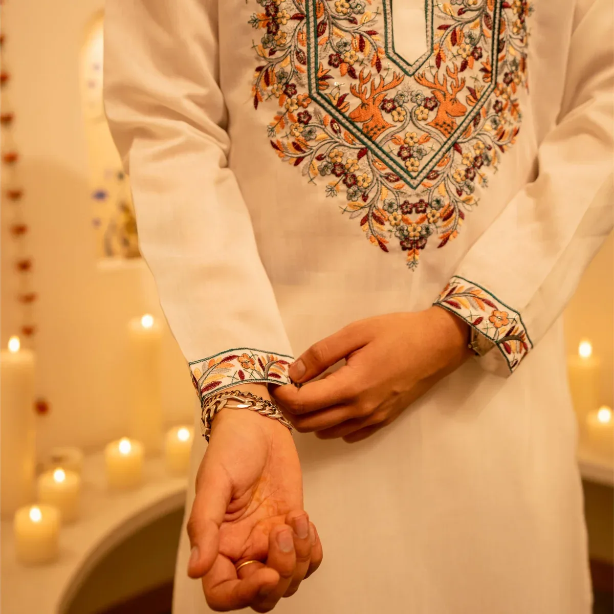 Floral Neckline Thread work and Sequence Embroidery Men's Kurta with by Firangi Yarn - White, photo 2 of 4