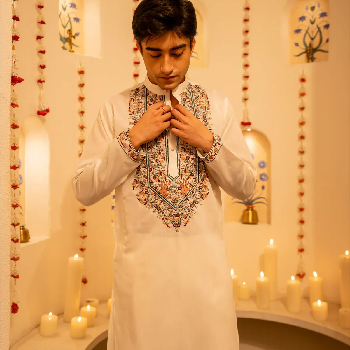Floral Neckline Thread work and Sequence Embroidery Men's Kurta with by Firangi Yarn - White, photo 3 of 4