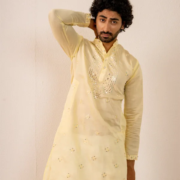 Macaron Yellow Men's Kurta with Mirror & Neckwork Embroidery by Firangi Yarn