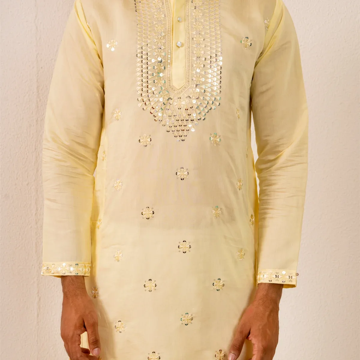 Macaron Yellow Men's Kurta with Mirror & Neckwork Embroidery by Firangi Yarn, photo 2 of 4