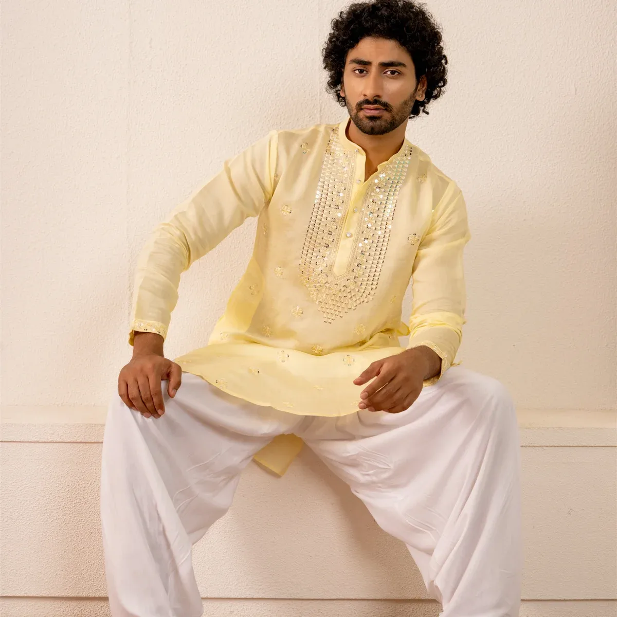 Macaron Yellow Men's Kurta with Mirror & Neckwork Embroidery by Firangi Yarn, photo 3 of 4